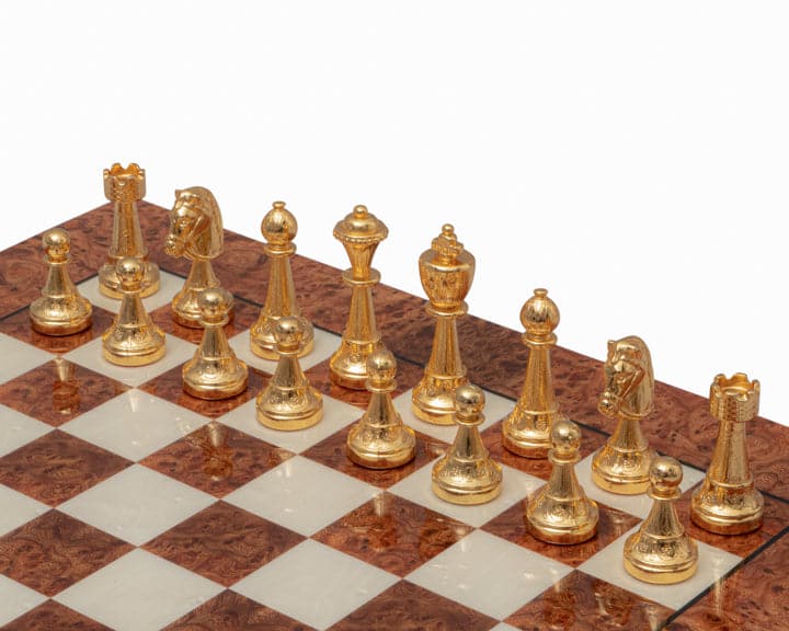 Gold and silver plated chess pieces on briarwood and elm chessboard from Messina Luxury Italian Chess Set, 3-inch king, exquisite detail