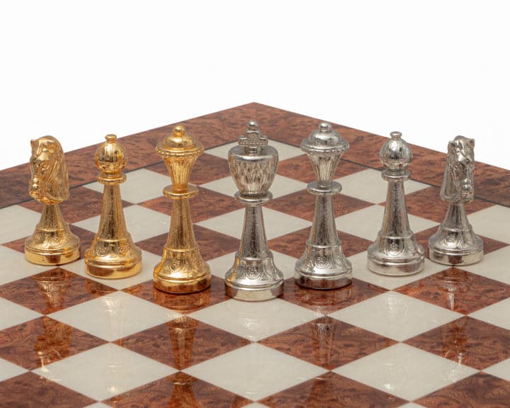 The Messina Gold and Silver Plated Luxury Italian Chess Set on Briarwood and Elm Board