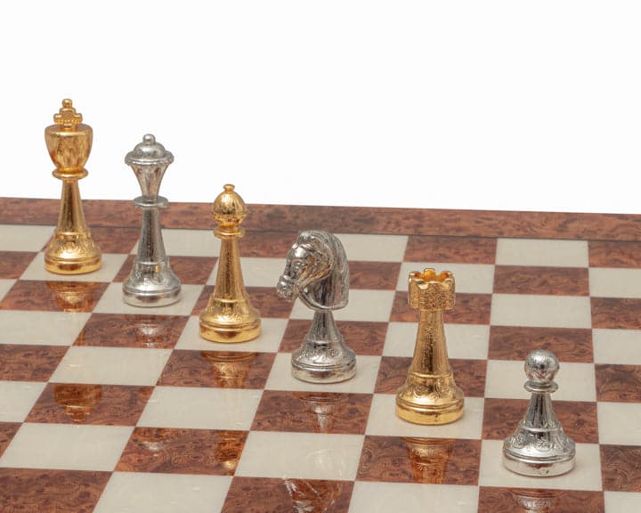 Luxurious Messina Gold and Silver Plated Italian Chess Set on Briarwood and Elm Board with Billiard Cloth Bases.