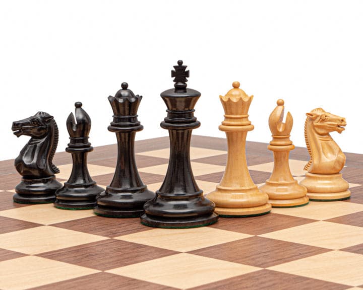 The Rochester Ebony and Walnut Grand Chess Set with classic Staunton design pieces on a 23.6-inch board with 2.36-inch playing squares.