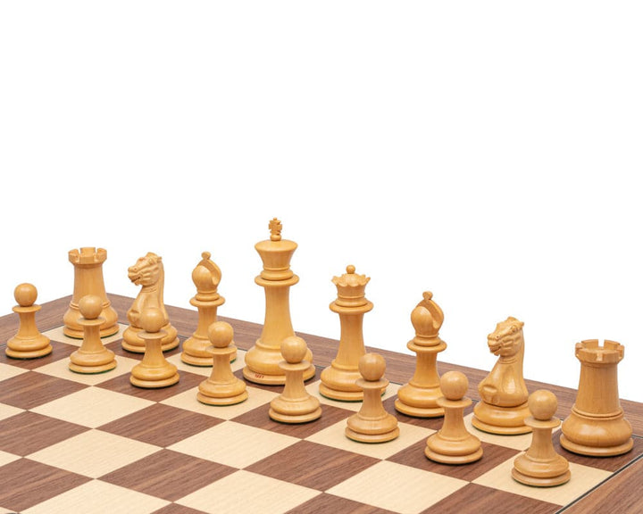 Luxury Staunton chess set with natural wood pieces on a beautifully crafted board.