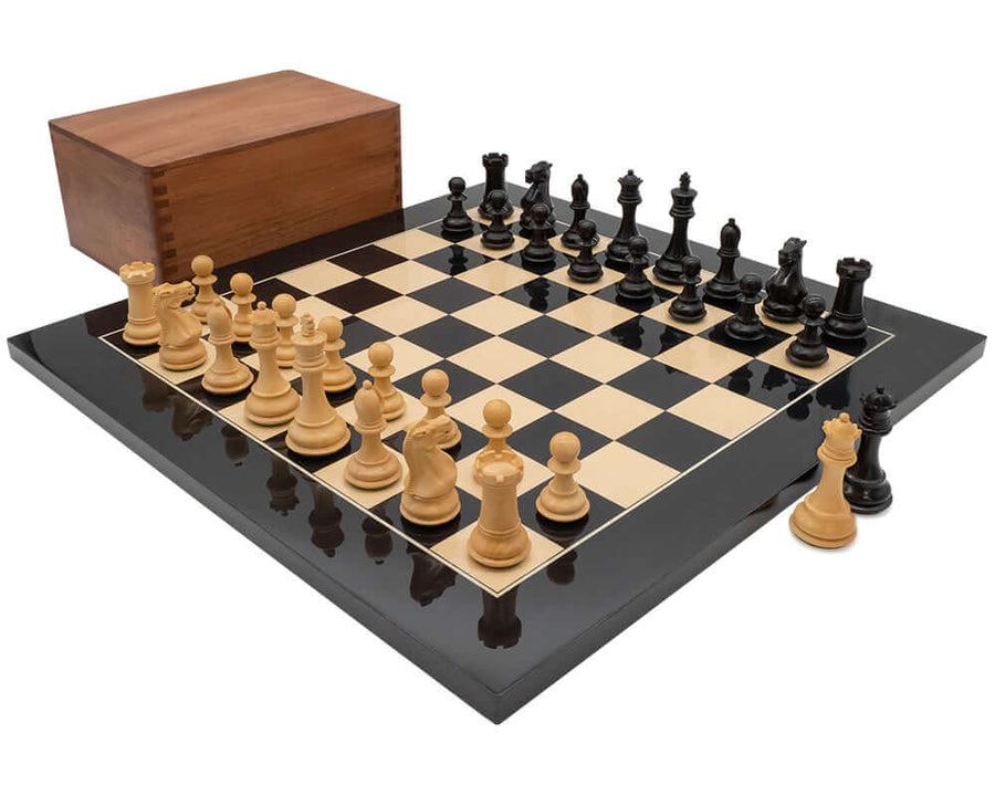 Luxury Staunton Competition Chess Set with wooden board, intricately crafted chess pieces, and elegant wooden case.