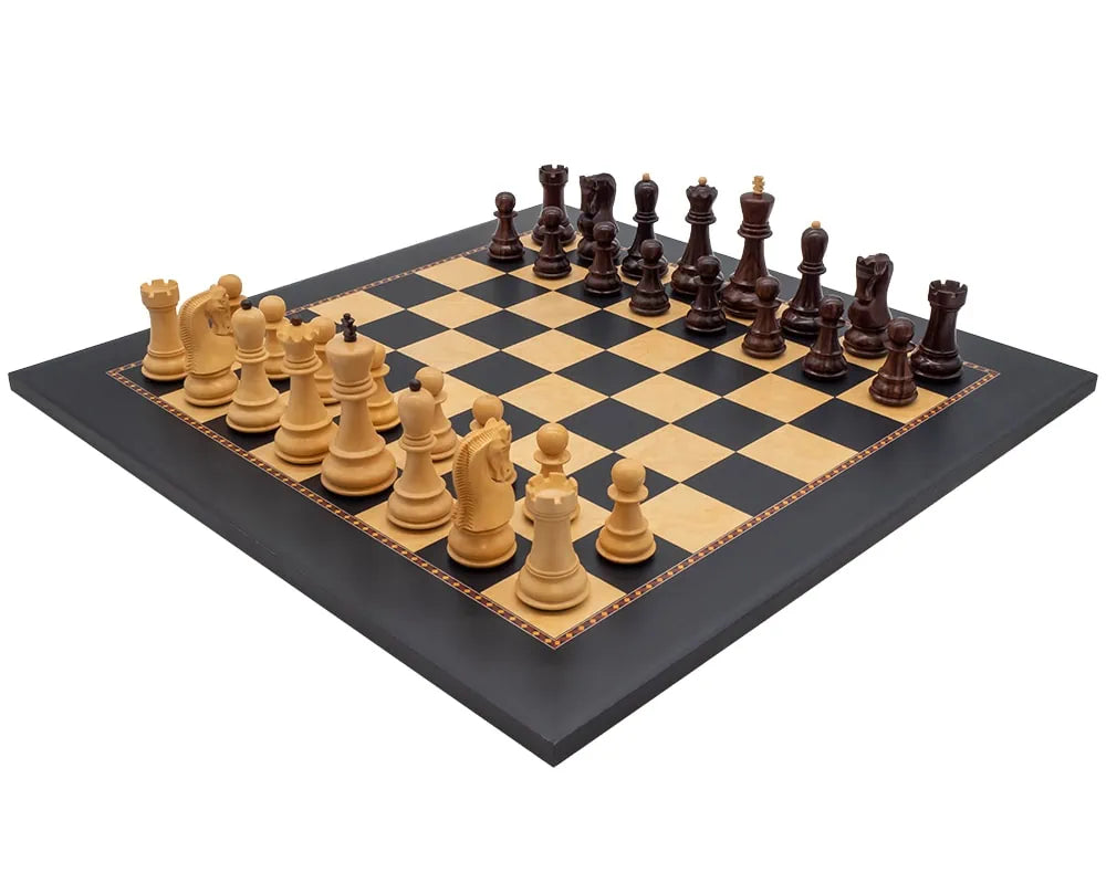 The Queens Gambit Chess Set with solid rosewood chessmen on a 19.7 inch board, contrasting colors, handcrafted in Spain.