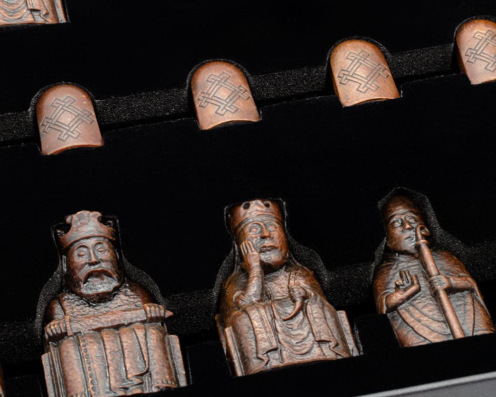 Detailed Isle of Lewis chess men in a presentation set