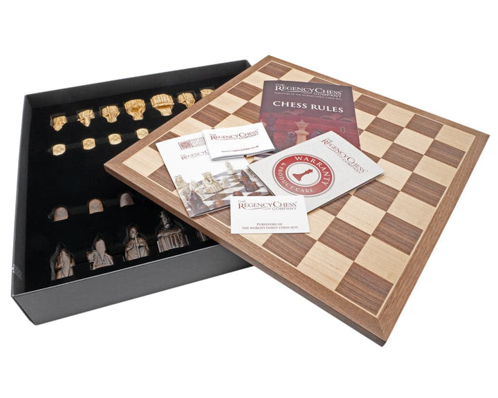 Isle of Lewis Chessmen and Board Presentation Set with rules booklet and history leaflet displayed in presentation case