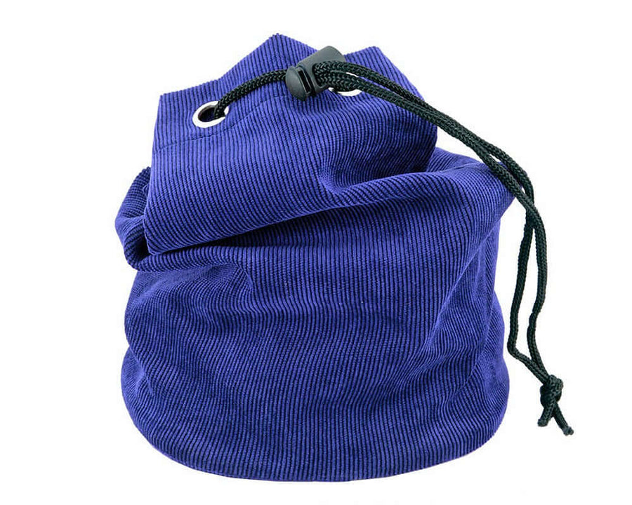 Royal blue fabric chess piece bag with metal eyelets and a pull cord for secure closure, suitable for chess pieces up to 3 3/4 inches