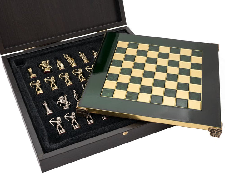 The Manopoulos Archers Chess Set with Wooden Case, 11-inch board and 32 chessmen, displayed in an open box