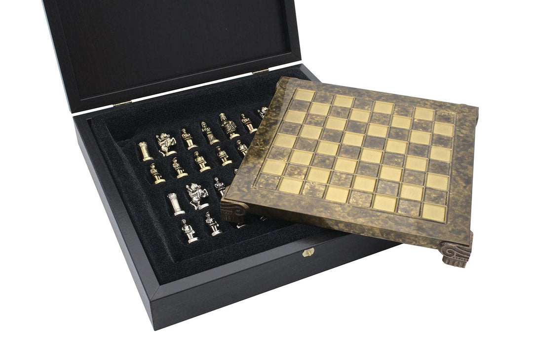 The Manopoulos Byzantine Empire Chess Set with metal chessmen and wooden case in brown - compact size.