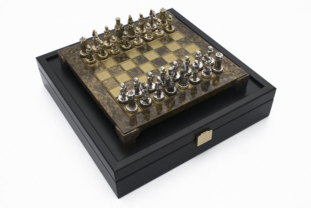 The Manopoulos Byzantine Empire Chess Set with Wooden Case in Brown featuring metal chess pieces and compact design