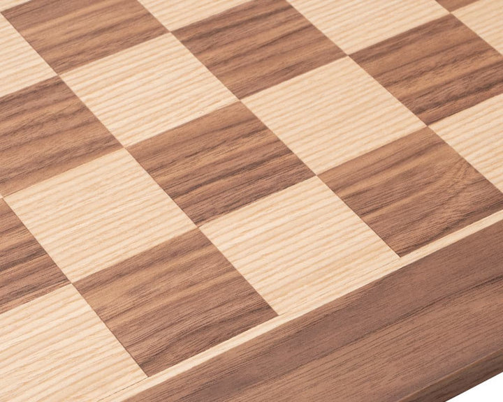 Close-up of the 20 inch Manopoulos Walnut Chess Board showing high quality walnut and maple veneers with 2 inch playing squares.