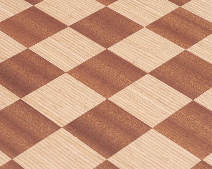 Close-up of 20 Inch Manopoulos Mahogany Chess Board with high quality Mahogany and Birch veneers, featuring 2 inch playing squares.