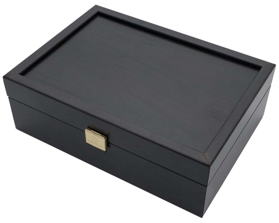 Dark Wood Chess Piece Storage Case with Brass Clasp by Manopoulos.