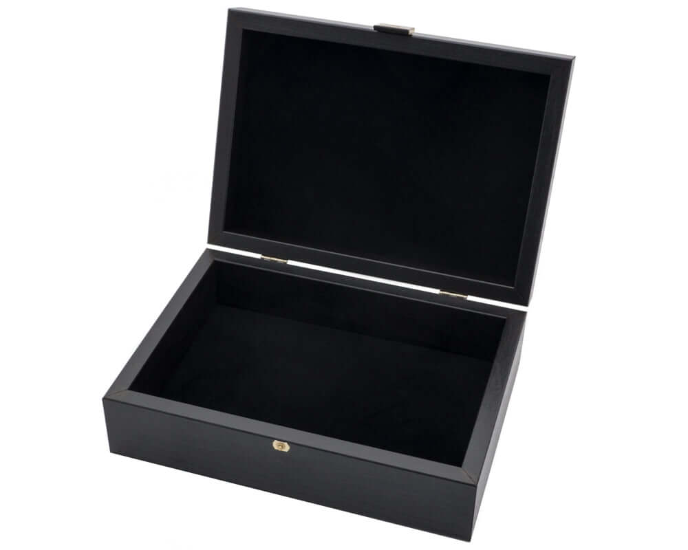 Open dark wood chess piece storage case with brass color hinges and clasps by Manopoulos of Greece