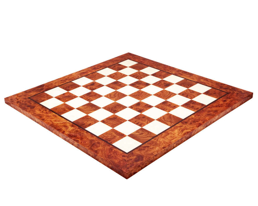 23.6 inch briarwood and elmwood luxury chess board with high gloss finish, handcrafted in Italy.