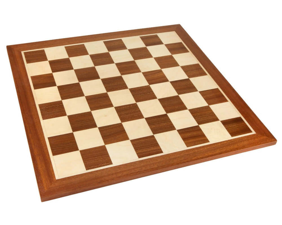 21.3 Inch No.6 chess board with mahogany and birch inlays, featuring 2.3 inch playing squares and a solid, elegant design without notation.