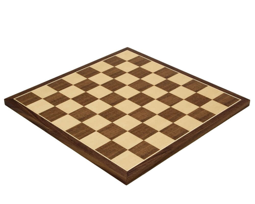 15.75 inch handcrafted Walnut and Maple chess board with 1.75 inch playing squares, ideal for 3.25 inch king height, made in Spain.