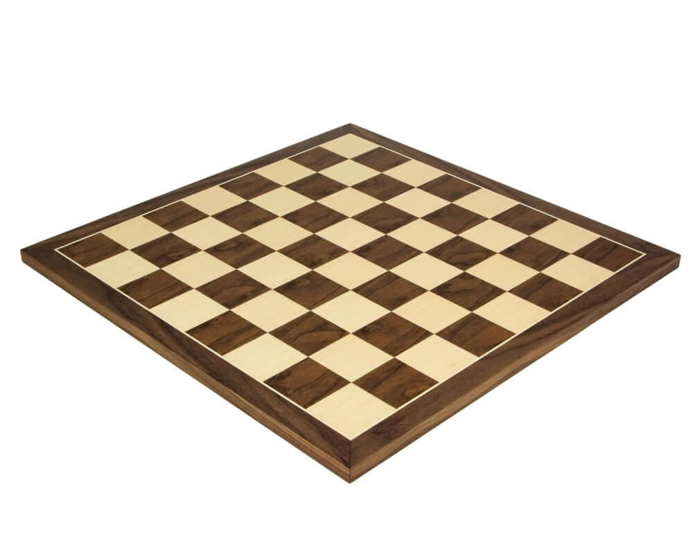 19.7 inch Walnut and Maple chess board with 2.17 inch squares, crafted in Spain by Rechapados Ferrer S.A., ideal for 3.75 inch king height.