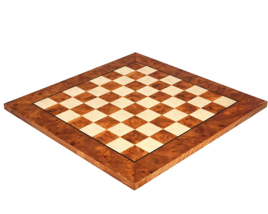 Luxurious 20.5 inch Briarwood and Elm chess board with 1.9 inch squares, handcrafted in Italy, ideal for 3.25 to 3.75 inch king height