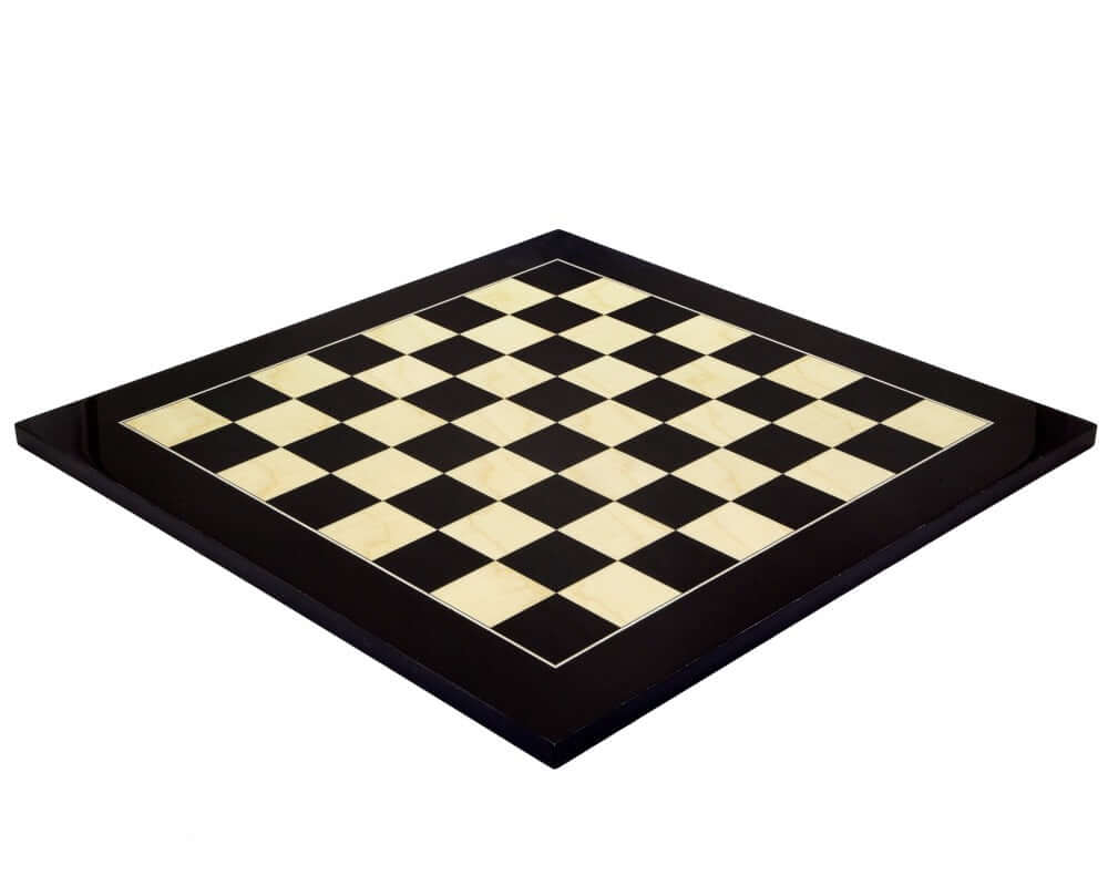 19.7 inch lacquered black anegre and maple deluxe high gloss chess board with 1.9 inch playing squares crafted in Spain