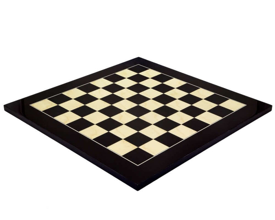 19.7 inch lacquered black anegre and maple deluxe high gloss chess board with 1.9 inch playing squares crafted in Spain