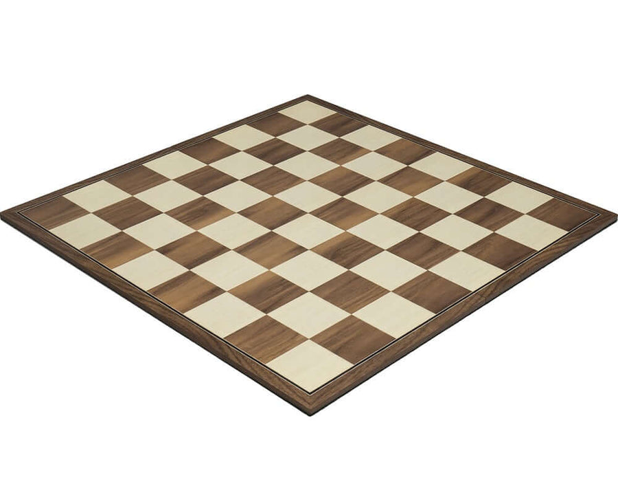 16.75-inch folding walnut and maple chess board made in Spain with an ebonised border and luxurious billiard cloth base for 3.5-3.75 inch chessmen